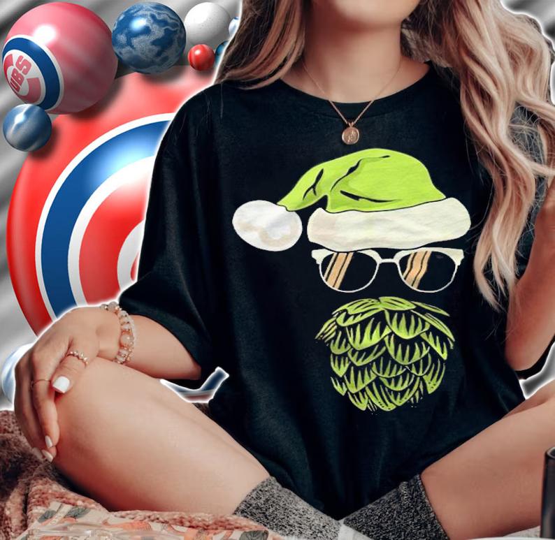 Santa Claus hop beard beer sunglasses Christmas hat T-shirt woman shirt