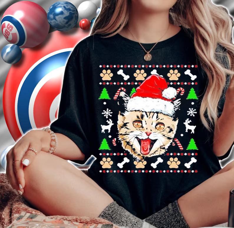 Cat Ugly Christmas Santa Hat Xmas Boys Kids Girls Catmas T-Shirt