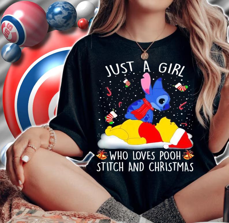 Just A Girl Who Loves Pooh Stitch And Christmas Shirt woman shirt